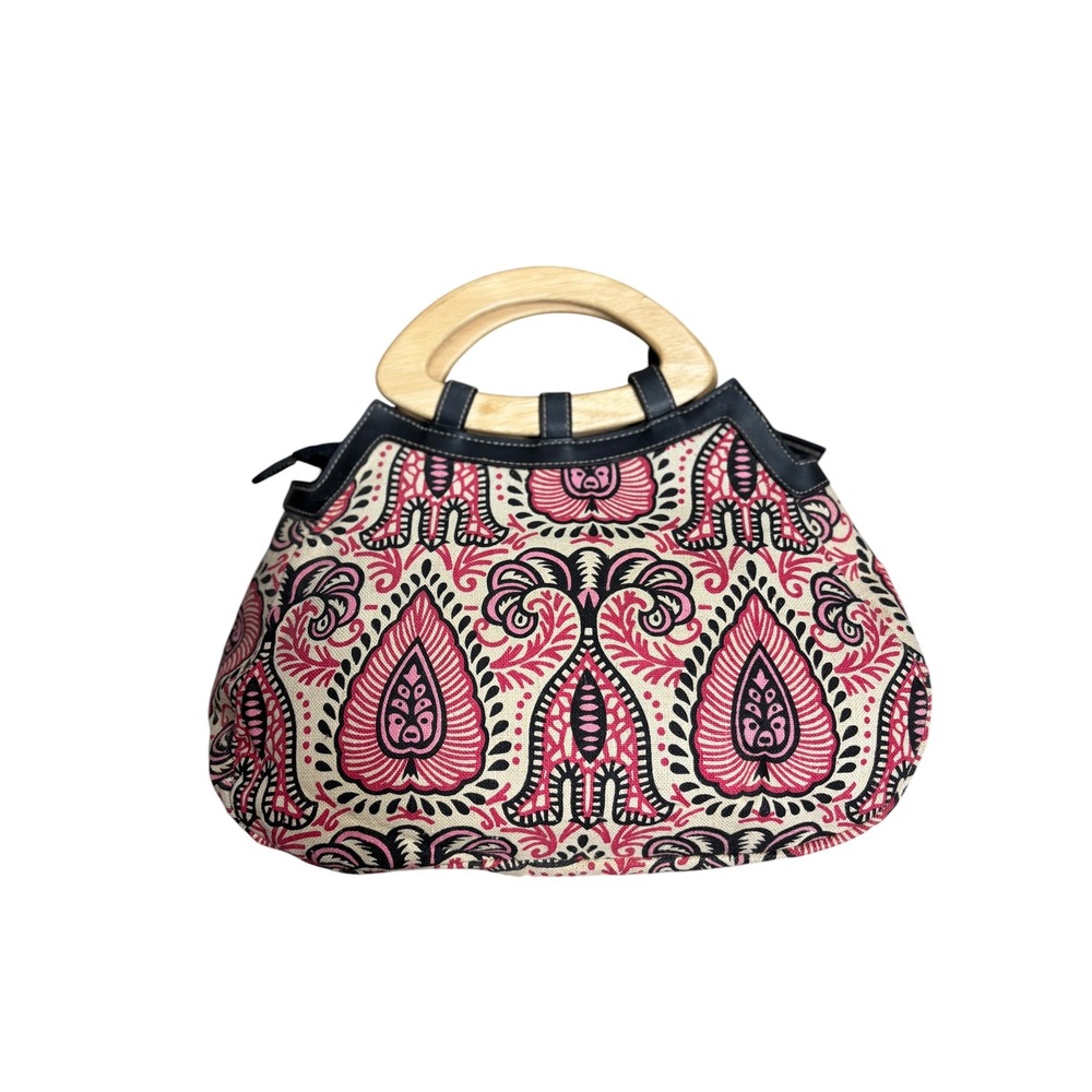 Barneys New York Pink Black Paisley Canvas Handbag Wood Top Handle Bag